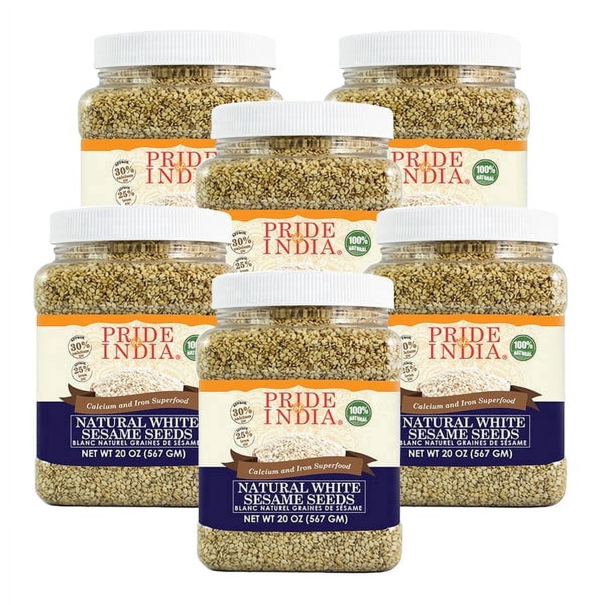 Pride of India - Pack of 6 - White Sesame Seeds, Unhulled Whole Seeds, Natural, Gluten Free, 1.25 lbs
