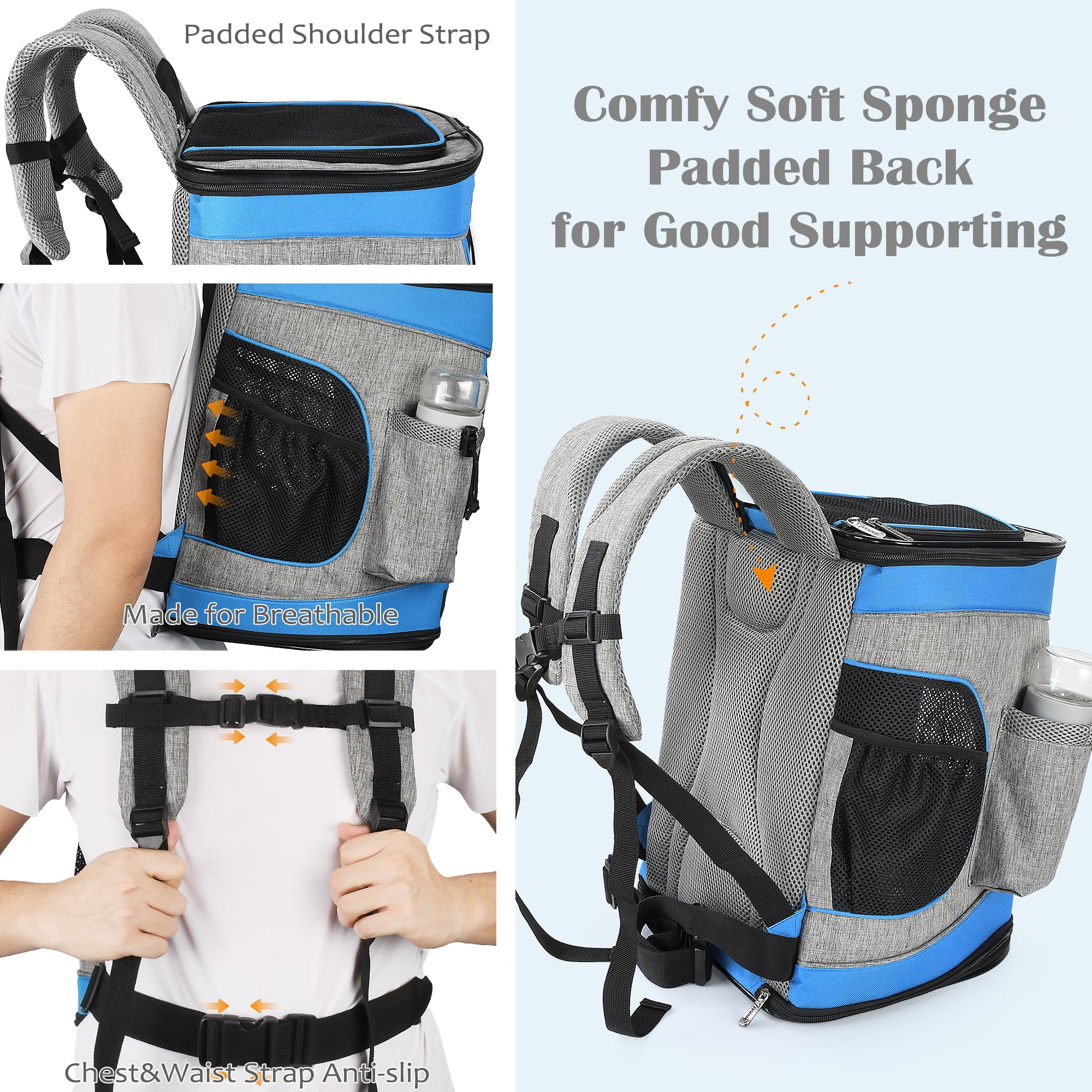Tirrinia Pet Carrier Backpack for Dogs and Cats up to 15 LBS Comfort Dog Cat Carrier Travel Bag Breathable for Hiking, Walking, Cycling & Outdoor Use 16"H x13.2"L x12"W Blue