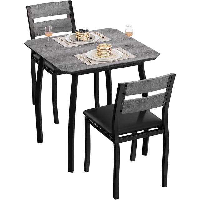 Ourlova Small Dining Table Set for 2 3-Piece Kitchen Table Set with Thick Wood Grain Tabletop and 2 Upholstered Chairs and Metal Frame Compact Table Set for Small Spaces Kitchens and Dining Rooms Grey