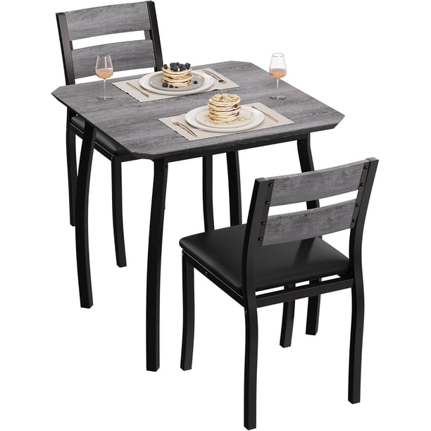 Compact 3-piece dining set thick wood grain tabletop 2 forrado sillas & metal frame-ideal para para small spaces kitchens & dining rooms-gris