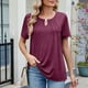 thumbnail image 2 of Camiseta informal de mujer de color liso con cuello redondo y abertura en la espalda - Top holgado de manga corta con encaje - Suave, elástica, ideal para primavera/verano/otoño, 2 of 7