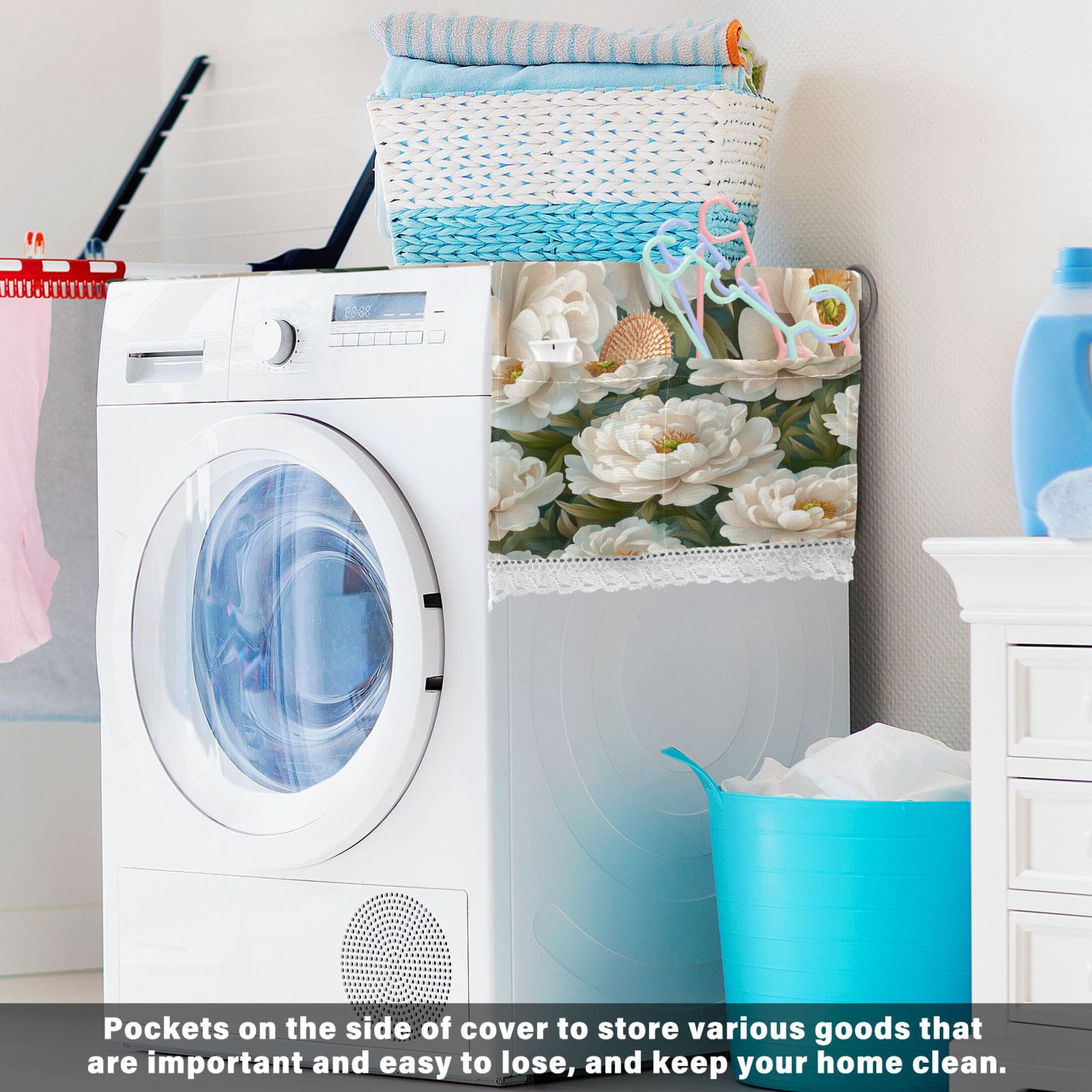 Cartoon White PeonyWasher and Dryer Covers Dust-Proof and Oil Resistant Fridge Cover with 4 Storage Pockets Washing Machine Top Cover for Laundry Kitchen Home 51.2 x 22 In
