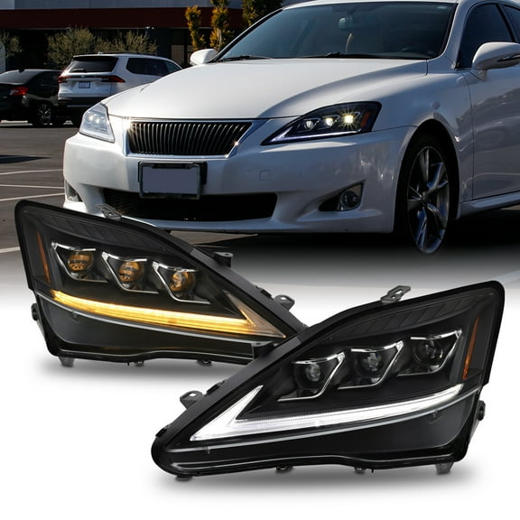 AKKON - Fits 2006-2010 Lexus IS250 IS350 [Halogen Type] Projector Dual Beam Black Headlights Pair w/ LED DRL Turn Signal