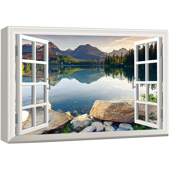 wall26 Canvas Print Wall Art Window View to Mountain Range & Forest Lake Nature Wilderness Photography Realism Rustic Landscape Colorful Multicolor Ultra for Living Room, Bedroom, Office - 12&quo