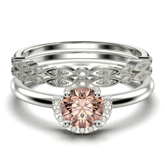 Fairy Minimalist 2.25 Carat Round Cut Morganite And Diamond Moissanite Engagement Ring Wedding Ring, Two Matching Band in 925 Sterling Silver With Plain 18k White Gold Plating Shank Gift For Her