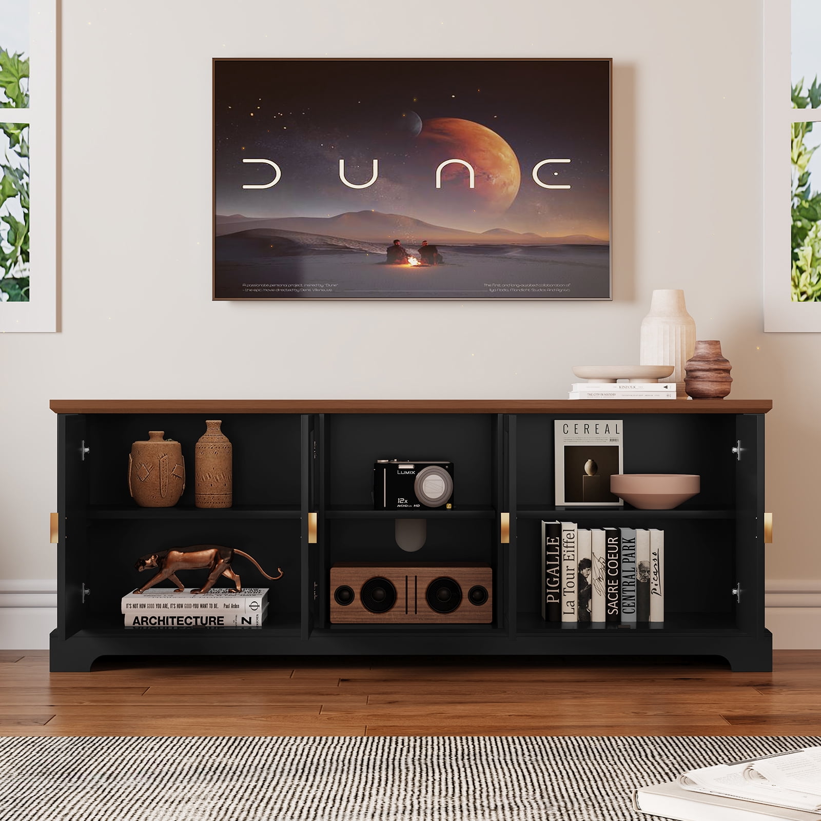 HLR Black 67" Modern Farmhouse TV Stand, Wood Entertainment Center for 75 In TV for Living Room