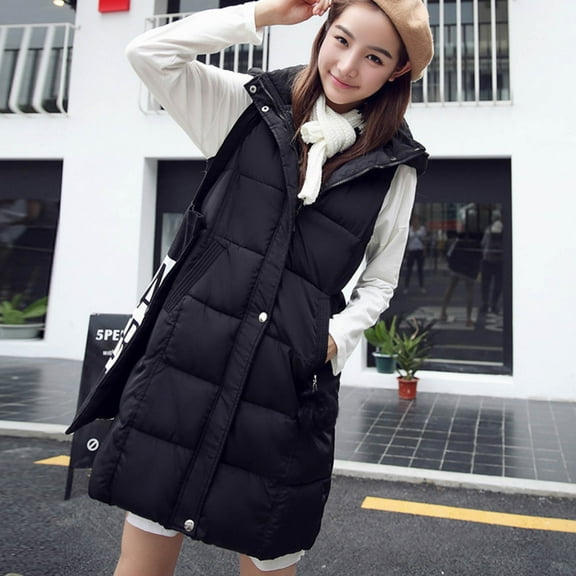 FDGIU Women's Long Puffer Vest - Sleeveless Hooded Quilted Zip Up, Lightweight Warm Winter Trendy Jacket