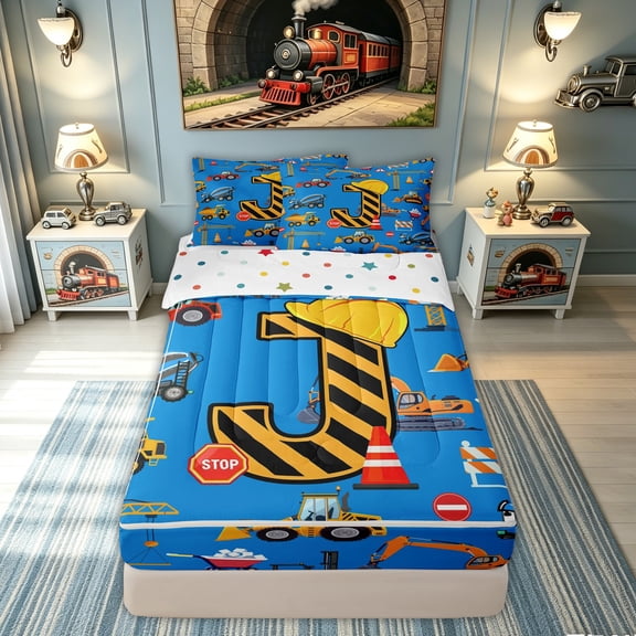 meiyoeat Construction J Initial Hard Hat Zipper Comforter Set with Fitted Sheet and 2 Pillowcases, Cartoon Truck Zipper Bedding Set for Boys Girls, Blue, Polkadot Reversible, 3-Piece