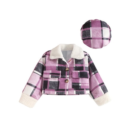 

Sunisery Kids Little Girls Plaid Shirt Jacket Button Down Shacket Fall Winter Warm Coat Clothes with Hat Purple 3-4 Years