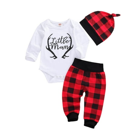 

Meihuida Baby s Christmas Deer Letter Romper Plaid Long Pants Hat 3-Pack