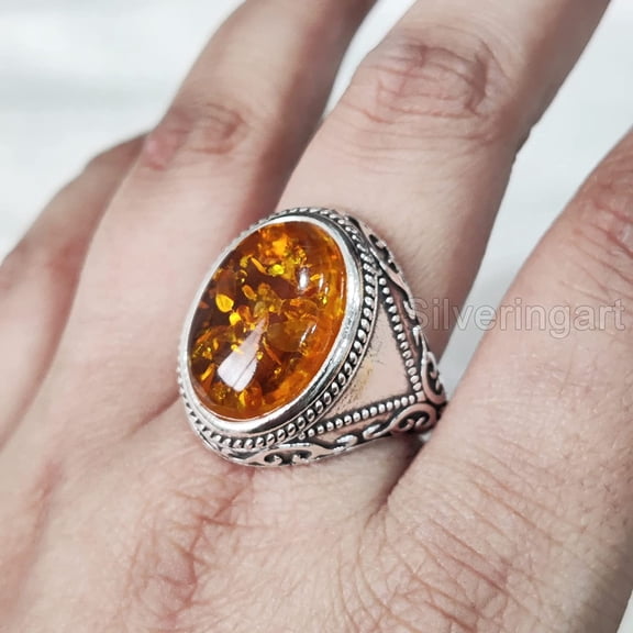 Baltic Amber Mans Ring, Natural Baltic Amber ring, Silver Jewelry, 925 Silver Ring, Birthday Gift, Heavy Mens Ring, Arabic Design, Ottoman Style Ring, Christmas, Turkey Mens Signet Ring