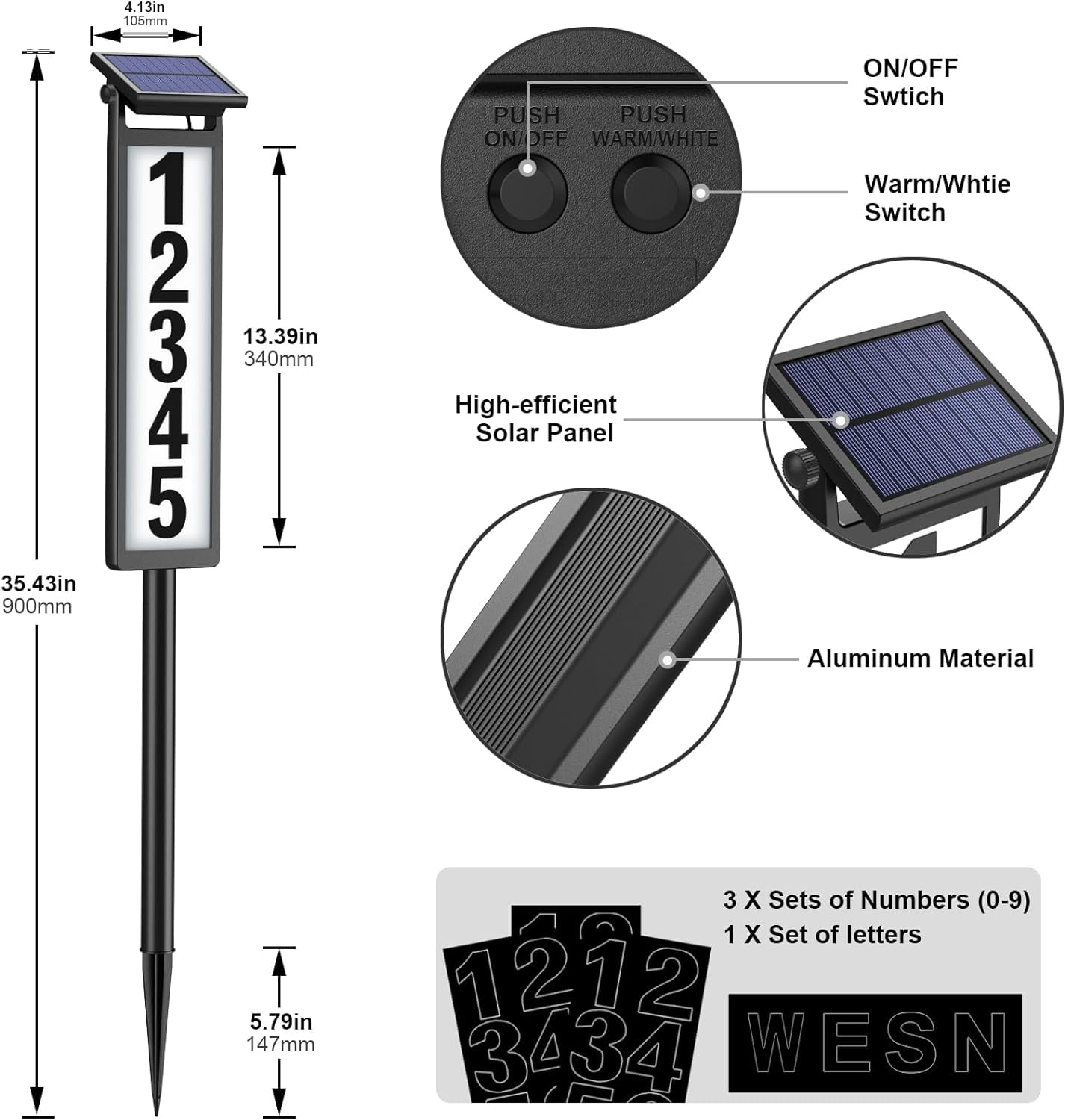Solar Address Sign, House Numbers for Outside, Lighted Address Plaque Outdoor Waterproof, Illuminated LED Address Numbers for Yard Home