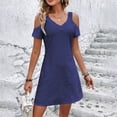 thumbnail image 2 of Kcodviy Robe Décontractée Mignonne pour Femmes, Couleur Unie, Col en V, Décolleté Ajouré, Épaules Dénudées, Robe Midi Froncée, Robe à Manches Courtes, 2 of 4