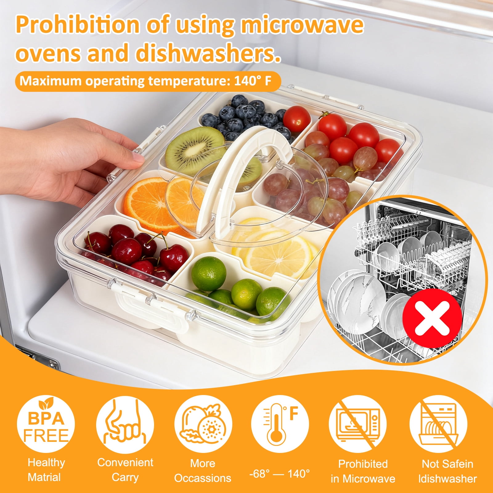 YOYTOO Snack Box Container with Dividers 8 Compartment Plastic Snackle Boxes Containers Lunch Box with Lids & Handles
