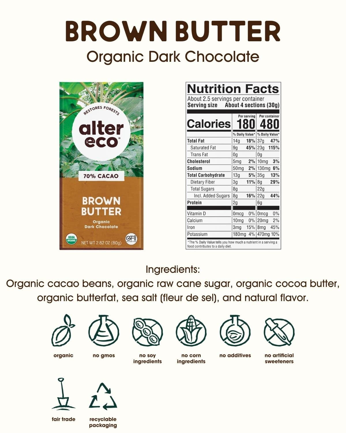 Alter Eco Organic Dark Chocolate Brown Butter 70% Cacao 2.82 oz Pack of 4