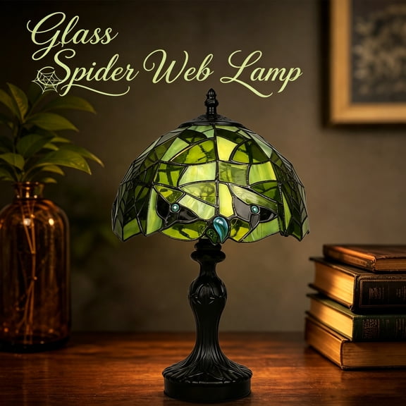 7.9 Inch Tiffany Stained Glass Table Lamp, Green Spider Web Accent Lamp with Bat Design, Mini Gothic Night Light for Halloween Decor, Bedroom, Bookshelf and Fireplace Mantel
