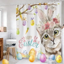 Easter Bunny Shower Curtain Cute Rabbits Colorful Floral Bathroom Shower Curtain Happy Easter Fabric Shower Curtain Bathtub Decor with 12 Hooks 70X 47Inches