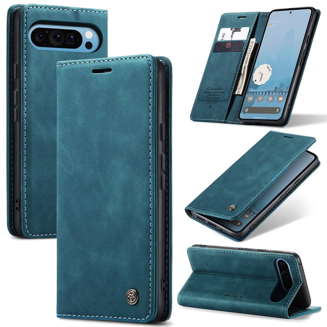 CaseMe Leather for Google Pixel 9 Pro XL Case, Flip Wallet Leather Case with Card Holder Magnetic Closure Shockproof Kickstand Protective Phone Cases Cover for Google Pixel 9 Pro XL,Blue