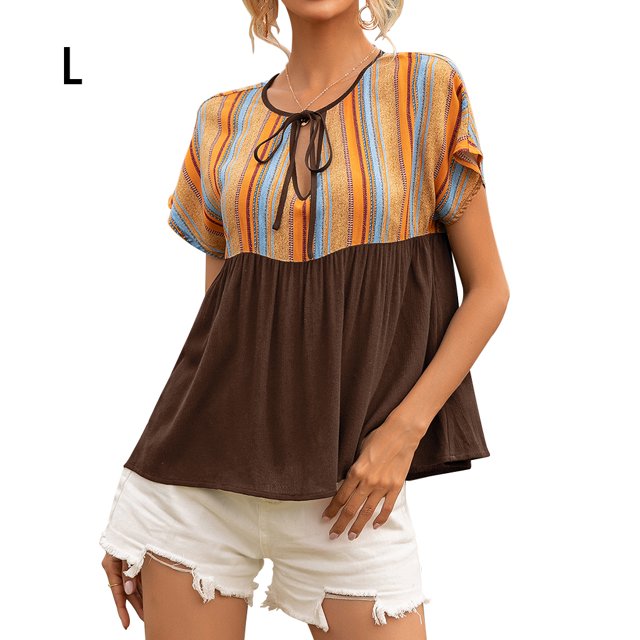 Camiseta de mujer Camiseta étnica de manga corta con cordones huecos Top casual de verano, Marrón, L Inevent AP001227-15