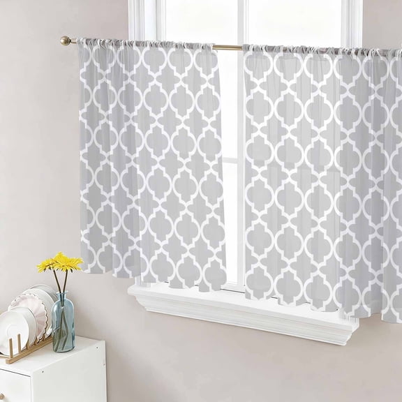 Sheer Curtains 45 Inch Length 2 Panels Set for Kitchen, Light Gray Semi Sheer Curtains for Windows, Minimalist Boho Abstract Ethnic Motifs Voile Window Treatments Rod Pocket Curtain