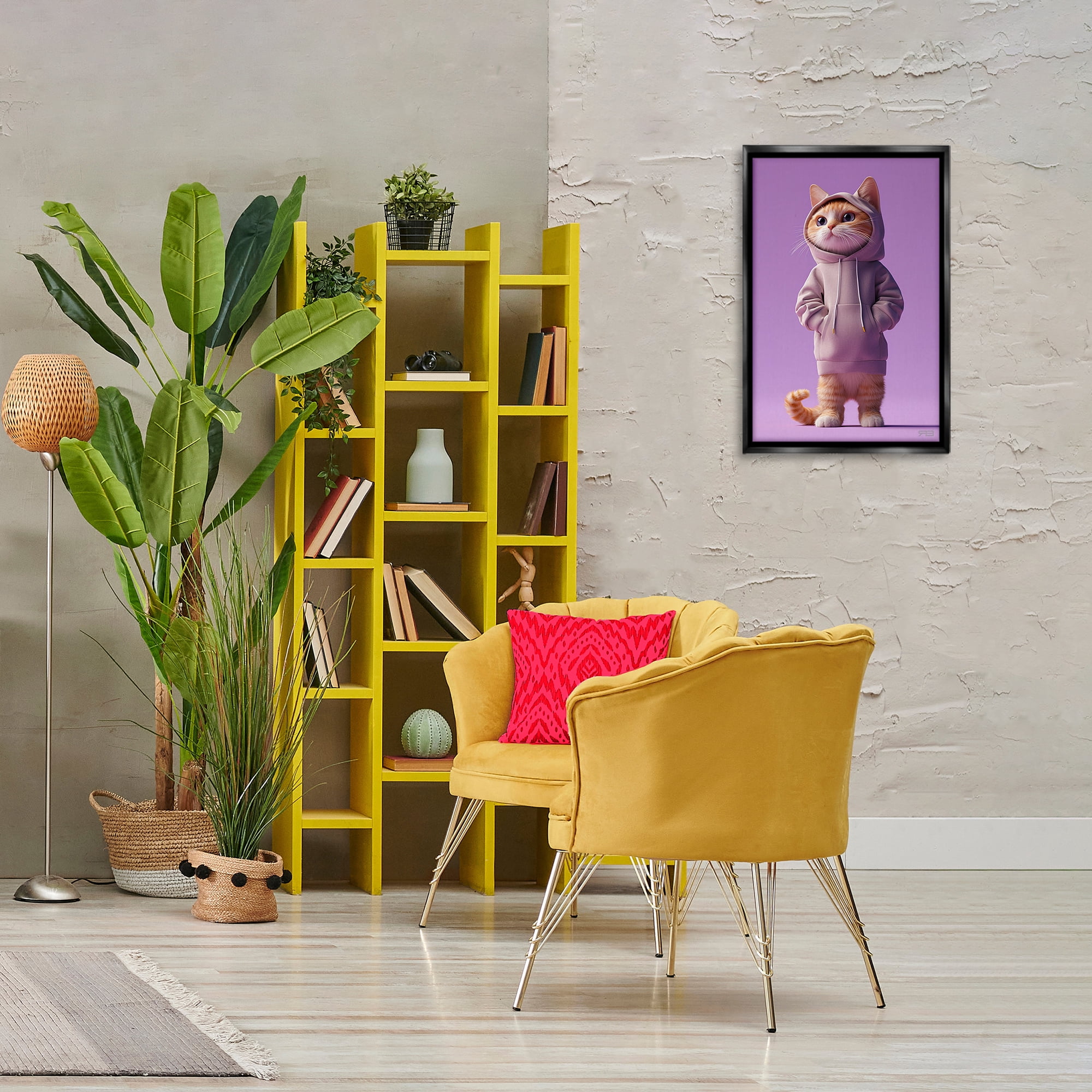 Stupell Industries Trendy Cat in Purple Animals & Insects Painting Black Floater Framed Canvas Art Print Wall Art, 17 x 25