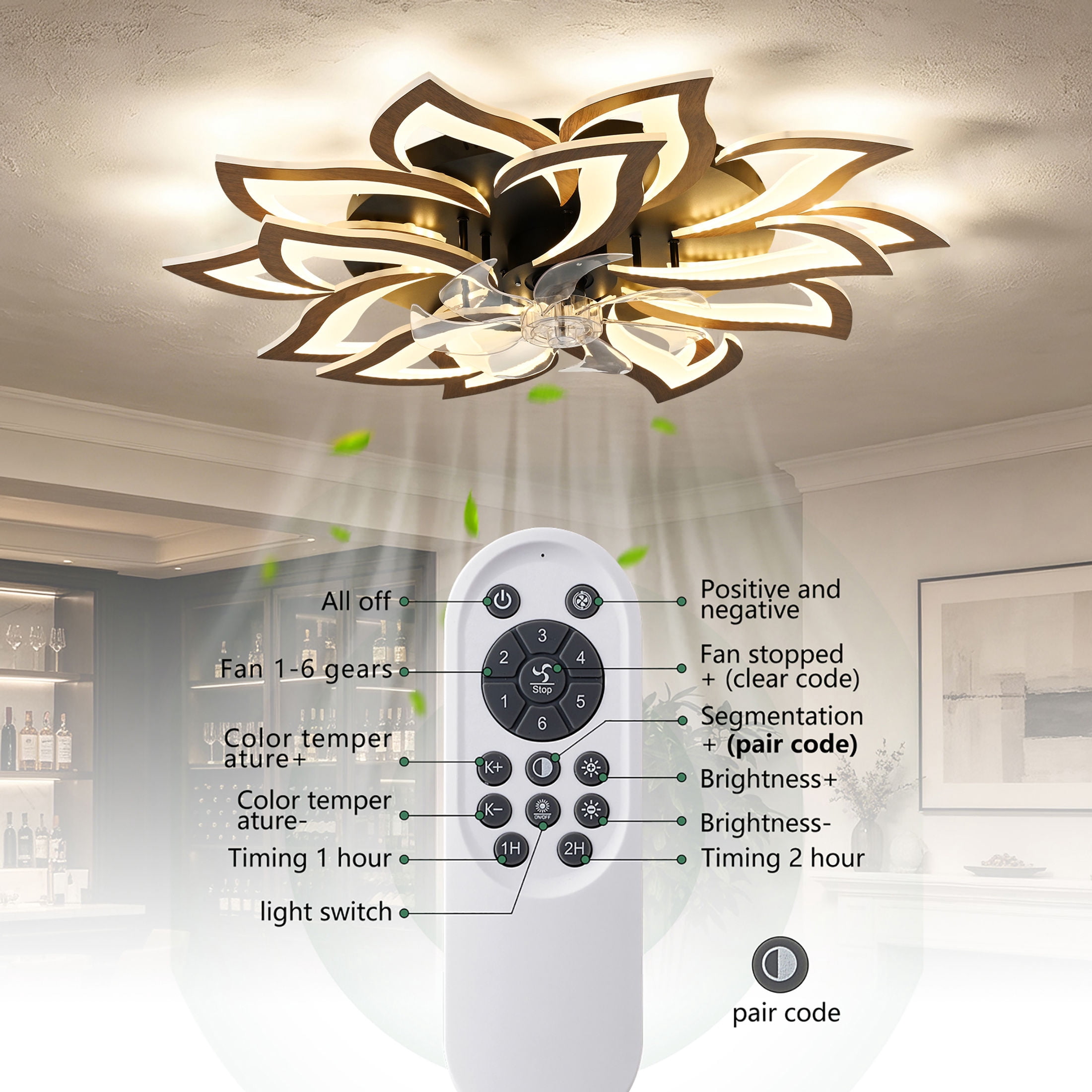 GDF Studio 15-Head Flower Modern Ceiling Fan with LED Lights & Remote Control, Low Profile Flush Mount Fandelier, Wood
