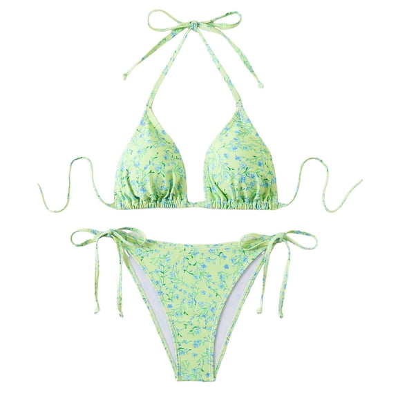vigerkar Bikini Sets for Women Halter Floral Print Swimsuit Tie Side 2 Pieces Bathing Suit (Light Green, S)
