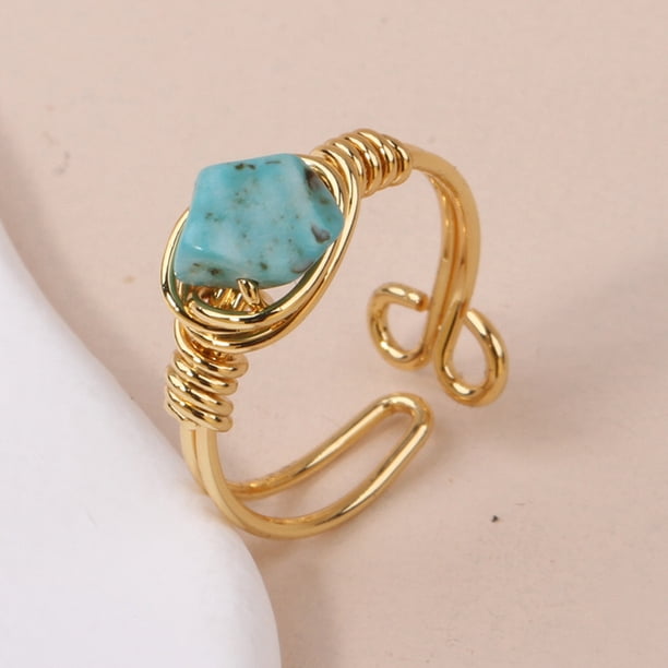 Xiao Hua Anillo natural hecho a mano, adecuado para hombres y mujeres, anillo de hilo dorado hecho a mano con piedra triturada de cristal natural (azul)
