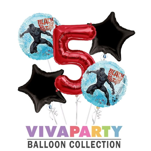 Black Panther Round Balloon Bouquet 5 pc, 5th Birthday, Red Number 5 Jumbo Balloon | Viva Party Balloon Collection