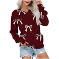 thumbnail image 2 of CLOISE Sweatshirt for Women Long Sleeve Raglan Sleeve Pullover Tops Bow V Neck Shirts Fleece Loose Trendy Outdoor Fall Clothing with Pockets Wine M, 2 of 5