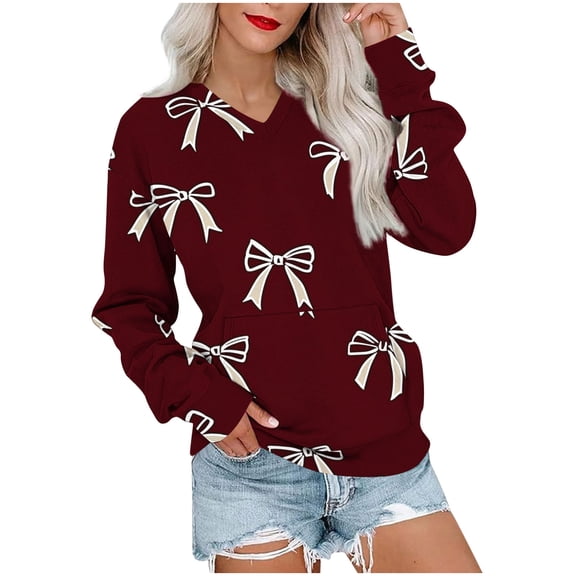 Goodtrade8 Sweatshirts for Womens Tunic Graphic Pullover Sweatshirt Work Long Sleeve V-Neck with Pocket Casual Womens Sweatshirts