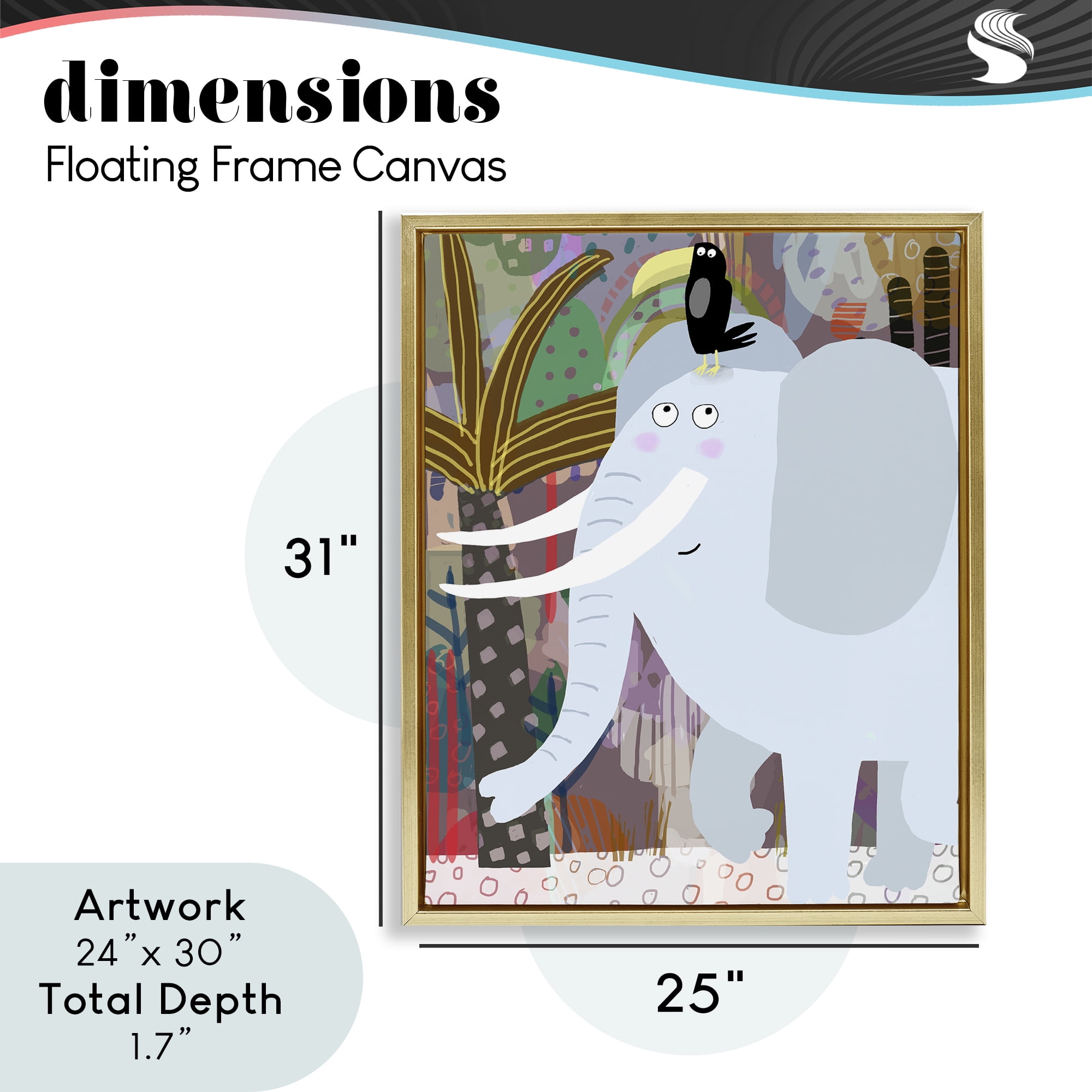 Elephant & Toucan in Jungle Gold Framed Floater Canvas Wall Art, design by Carla Daly