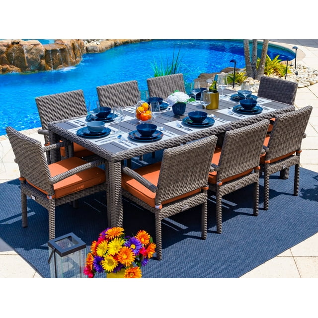 Tuscany 9-Piece Resin Wicker Outdoor Patio Furniture Rectangular Dining Table Set with Dining Table and Eight Cushioned Chairs (Half-Round Gray Wicker, Sunbrella Canvas Tuscan)
