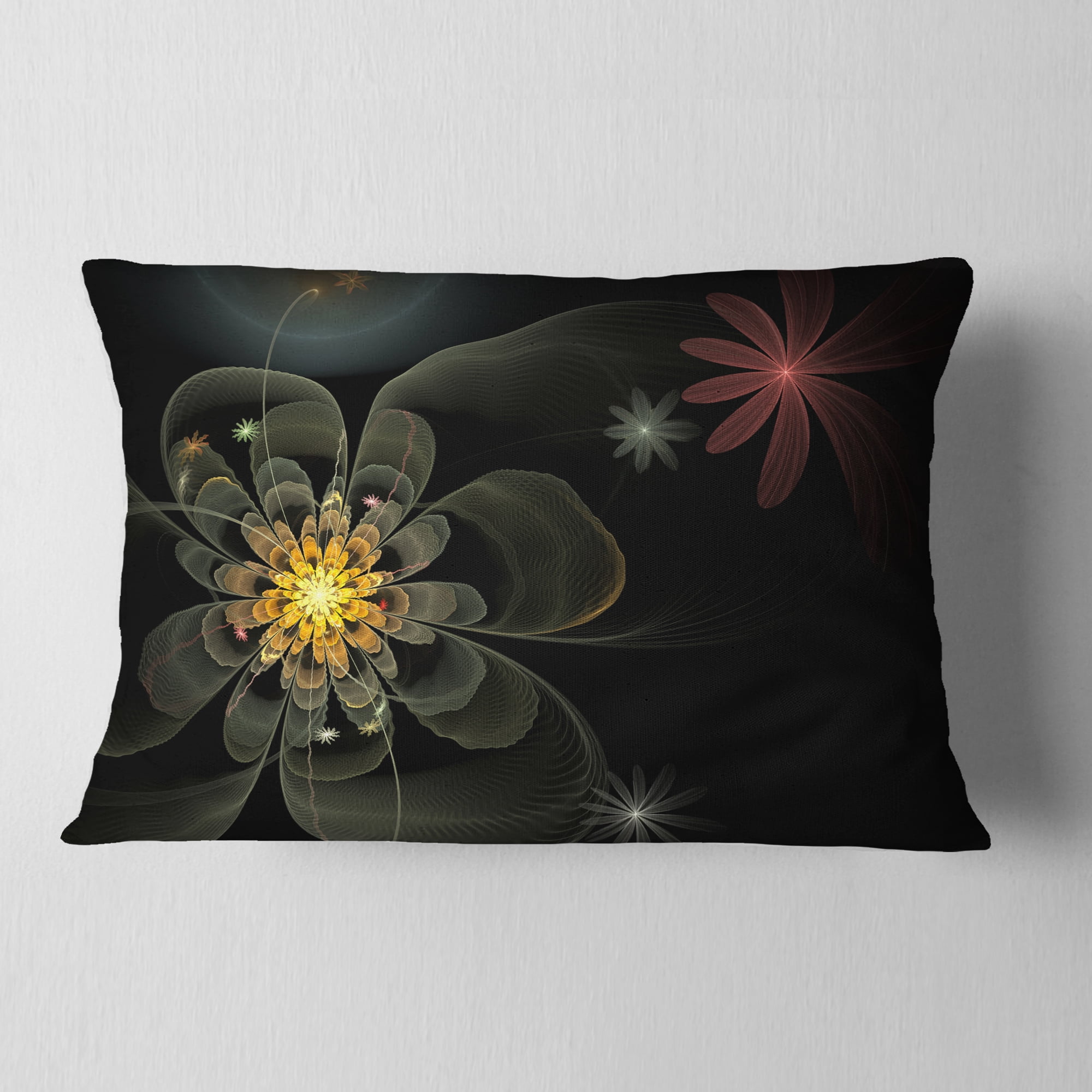 Designart Yellow Small Fractal Flower in Black - Floral Throw Pillow - 12x20