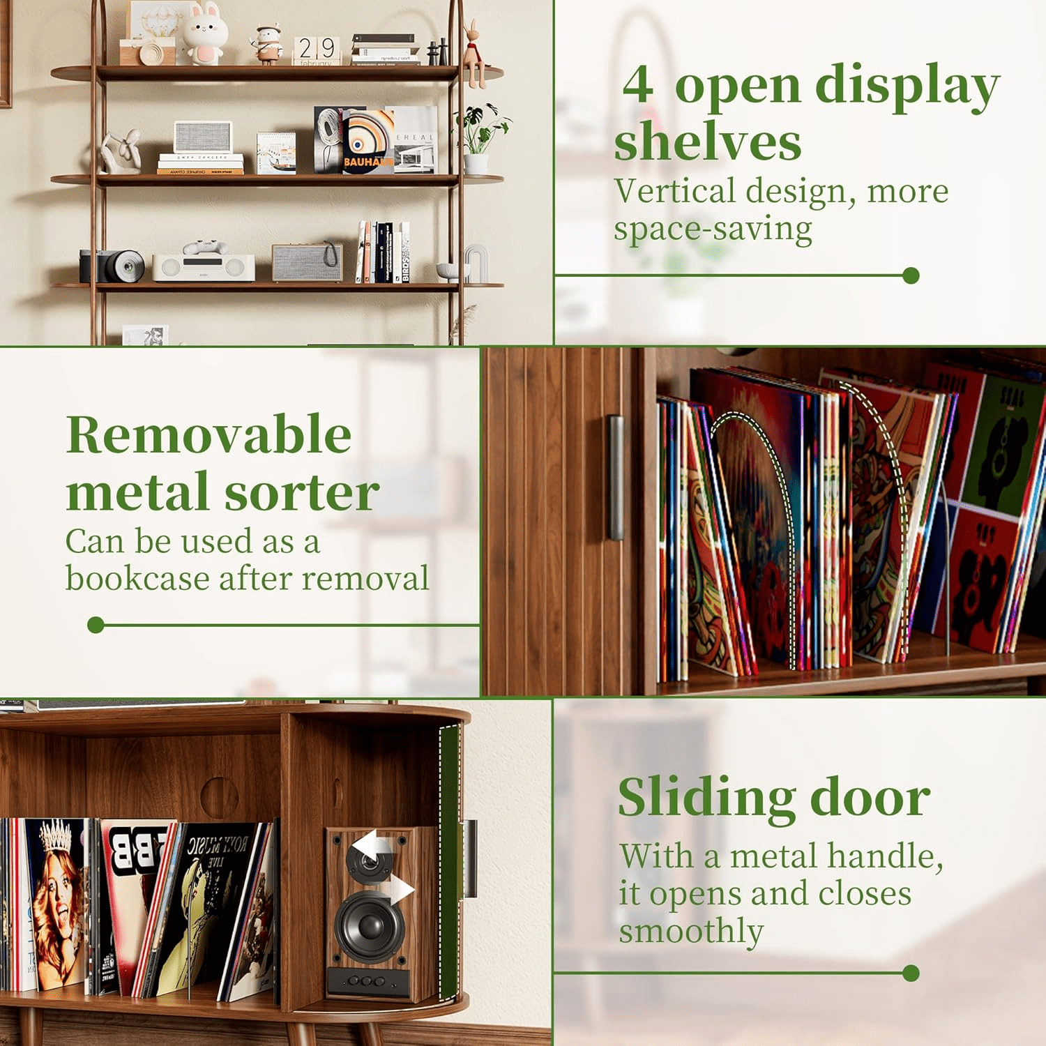 Tall Large Mid Century Modern Bookshelf with with Sliding Tambour Doors, 4-Tier Open Display Storage Shelf, Vinyl Record Player Stand for Home Office, Living Room, Walnut