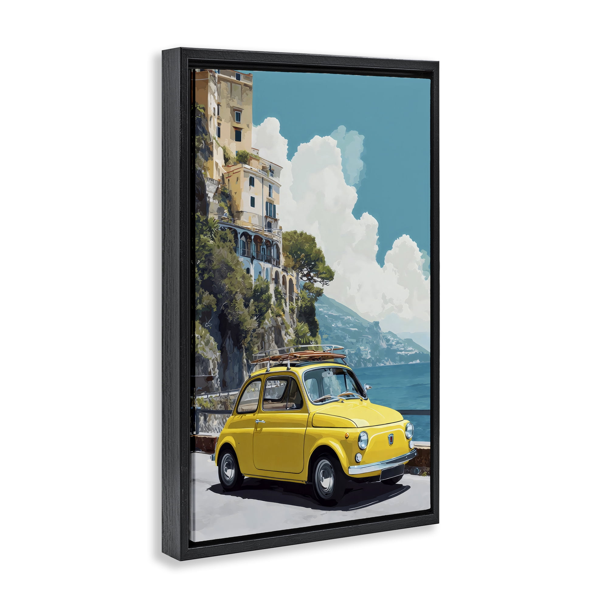 Stupell Industries Yellow Car on Coast Black Framed Floater Canvas Wall Art, design by Petal Prints Design