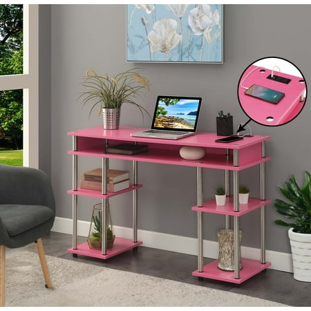 Convenience Concepts Designs2Go No Tools 30" Tall Student Desk w/ Charging Station and Shelves, Pink