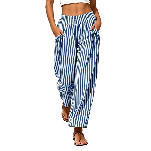 Hurxie Womens Linen Wide Leg Striped Pants Casual Barrel Loose Drawstring Low Waist Palazzo Harem Pants with Pockets Sky Blue,XL