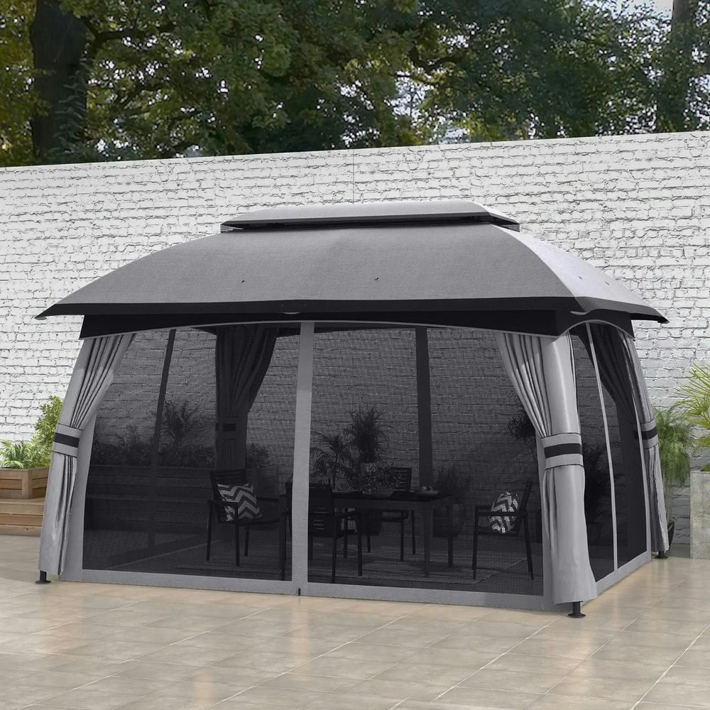 GVN Patio Garden Pergola, Pergola Canopy,10' x 13' Patio Gazebo with Netting & Curtains, Vented Roof for Garden, Dark Gray