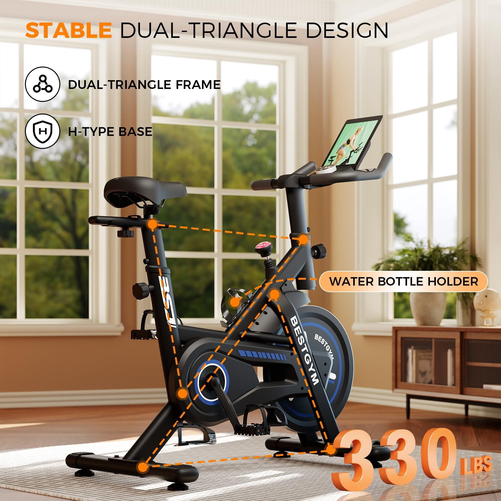 Exercise Bike,Magnetic Stationary Bike with App, Low Noise Indoor Cycling Bike with 330lbs Weight Capacity, Adjustable Seat, Tablet Holder, Water Bottle Holder for Home Fitness and Weight Loss
