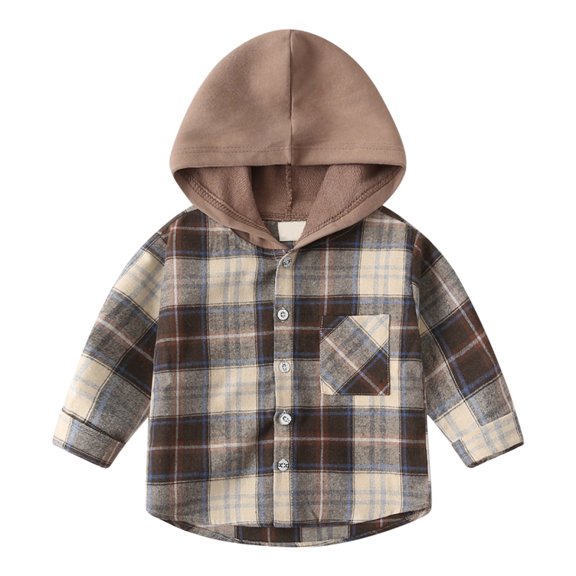 Krdevn Kids Plaid Button Up Hooded Shirt Long Sleeve Casual Hooded Top with Chest Pocket Coffee,6-7 Years