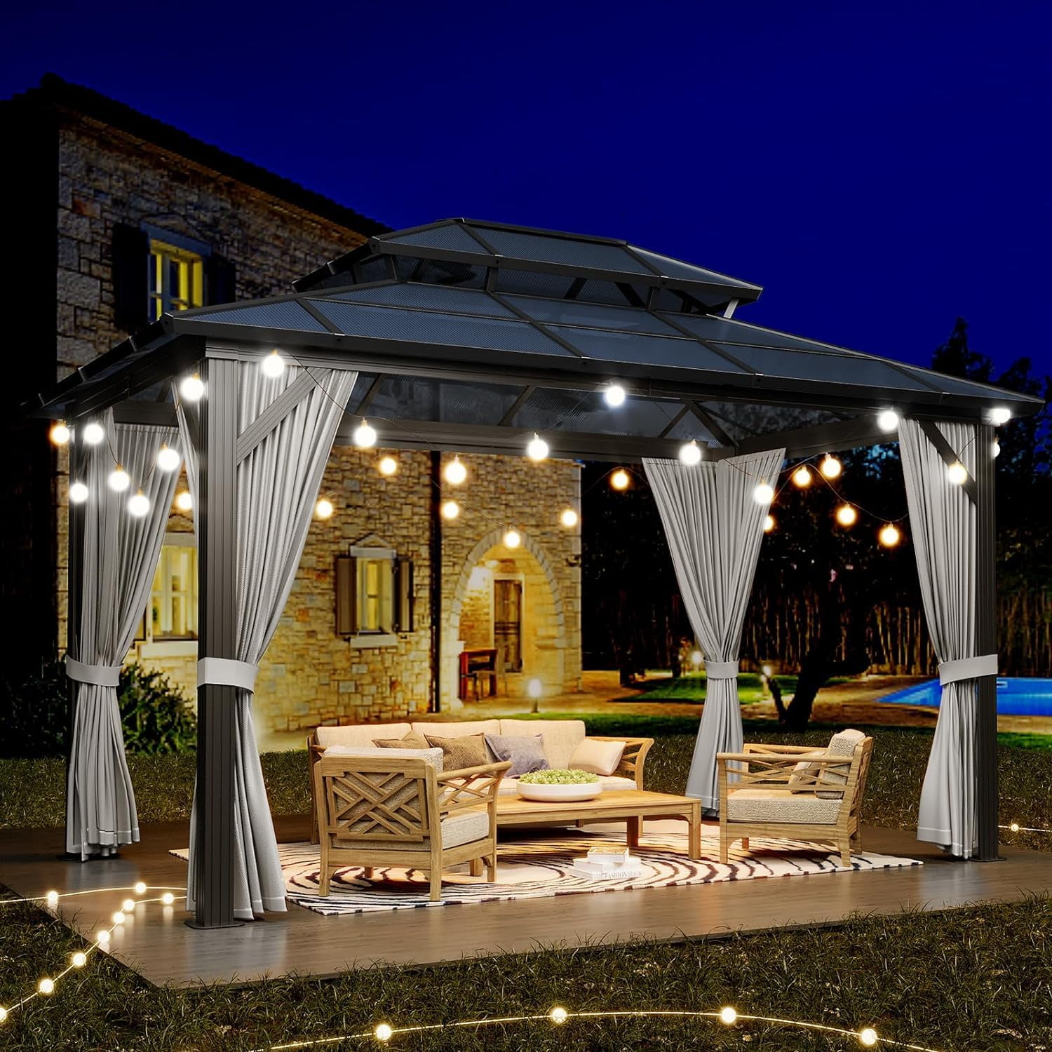 Soonbuy 12'x10' Aluminum Permanent Hardtop Gazebo with Double Roof, Includes Removable Curtains & Mosquito Netting for Patio, Garden, and Backyard Use(ship in 2 boxes)