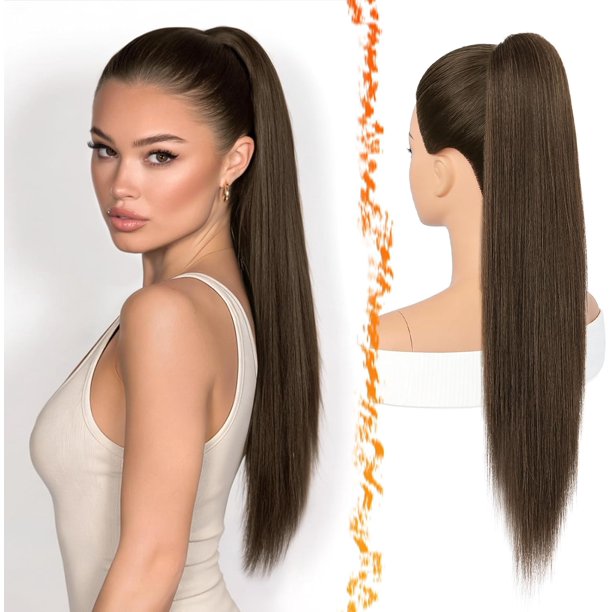 Yanonmyfd Black Straight Drawstring Ponytail Extension - 28 Inch Long Straight Drawstring Ponytail Extension Natural Looking Fluffy Soft Synthetic Cheer Posh Pony Tails Hairpieces Daily Party