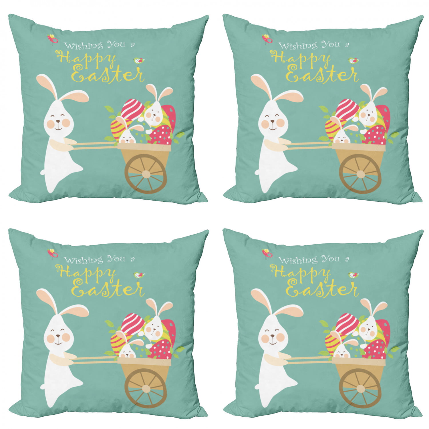 All Smiles Easter Decor Throw Pillow Covers Rabbit Bunnies with Eggs Outdoor Decorations Set of 4 Purple Flowers Spring Decorative Themed Cushion Covers 18x18