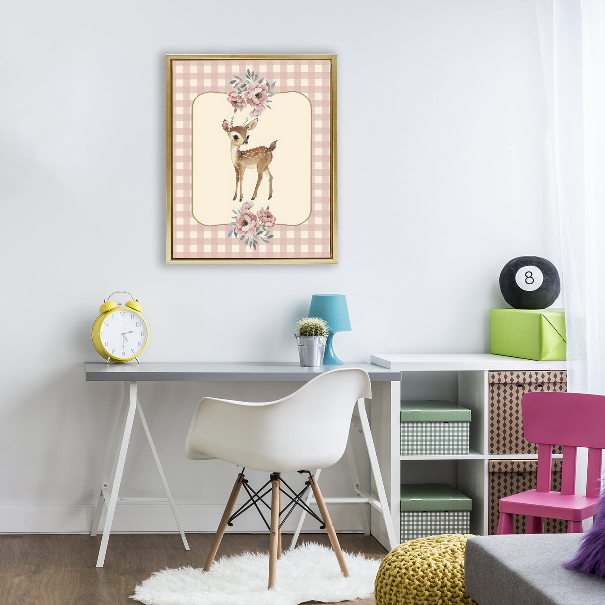 Stupell Industries Baby Deer Pink Gingham Gold Framed Floater Canvas Wall Art, design by LSR Design Studio