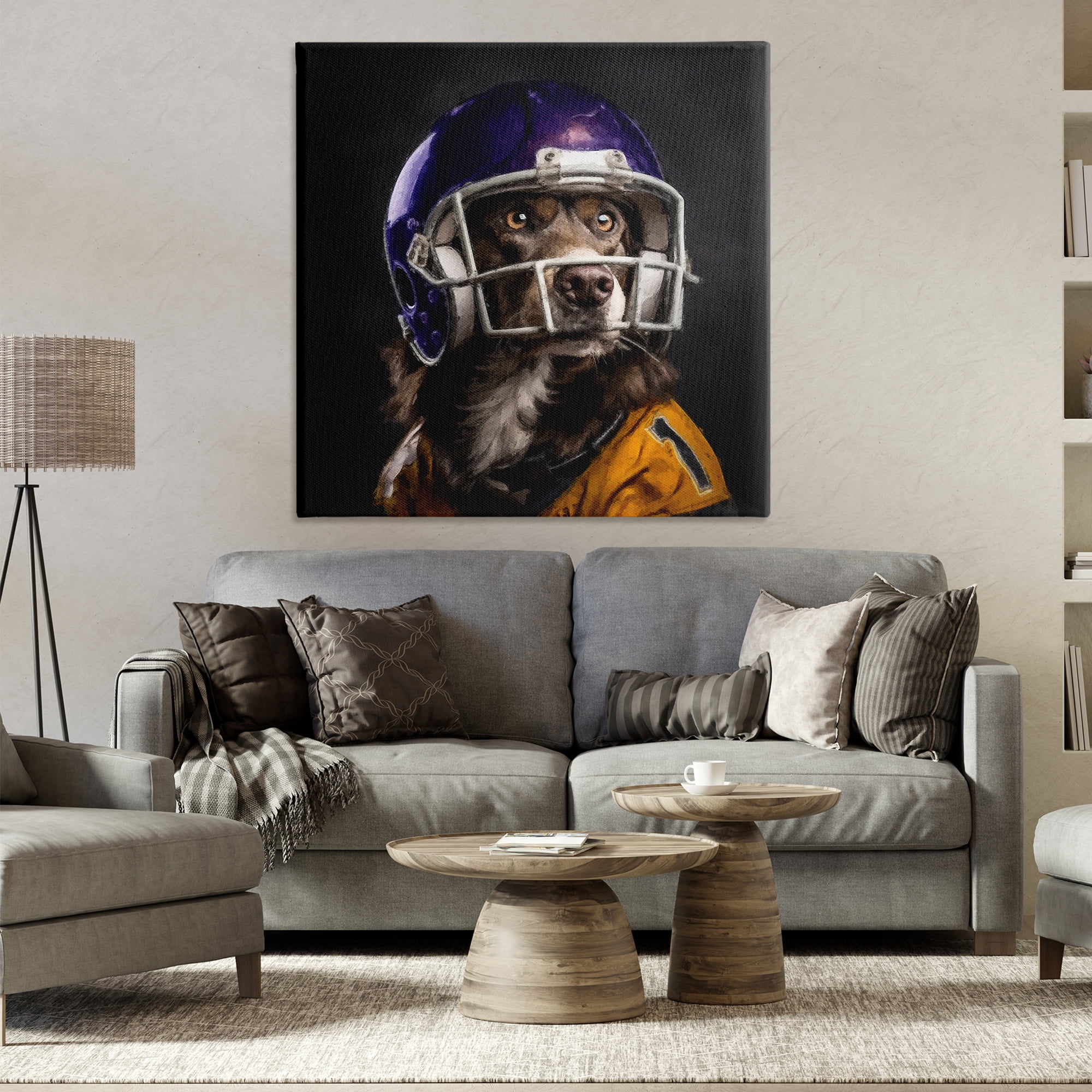 Stupell Industries Dog with Football Helmet Animals Painting Wrapped Canvas Art Print Wall Art, 36 x 36