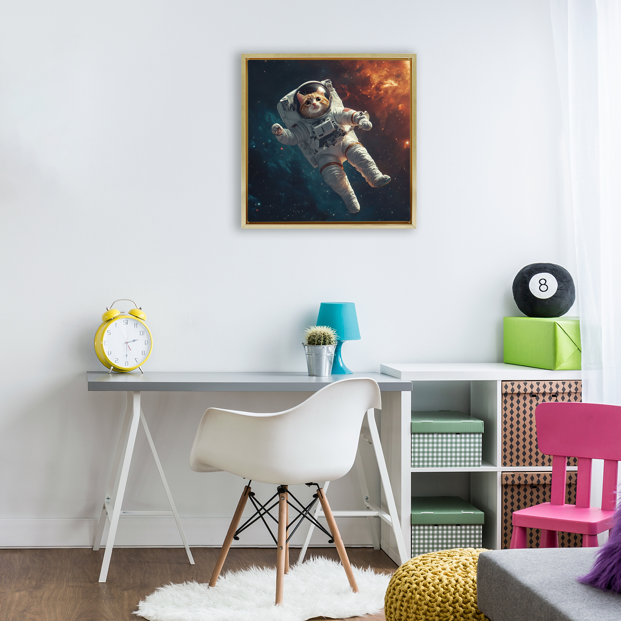Interstellar Cat Astronaut Gold Framed Floater Canvas Wall Art, design by Jim Baldwin
