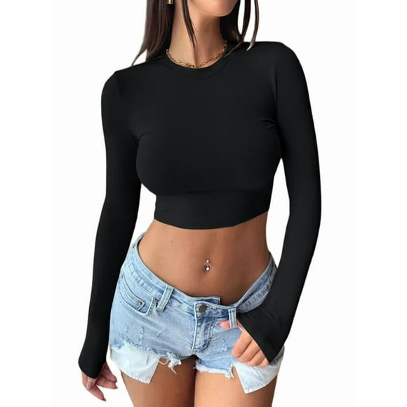 Women'S Long Sleeve Crop Tops - Basic Crew Neck Slim Fitted Fall Cropped Shirts Black M