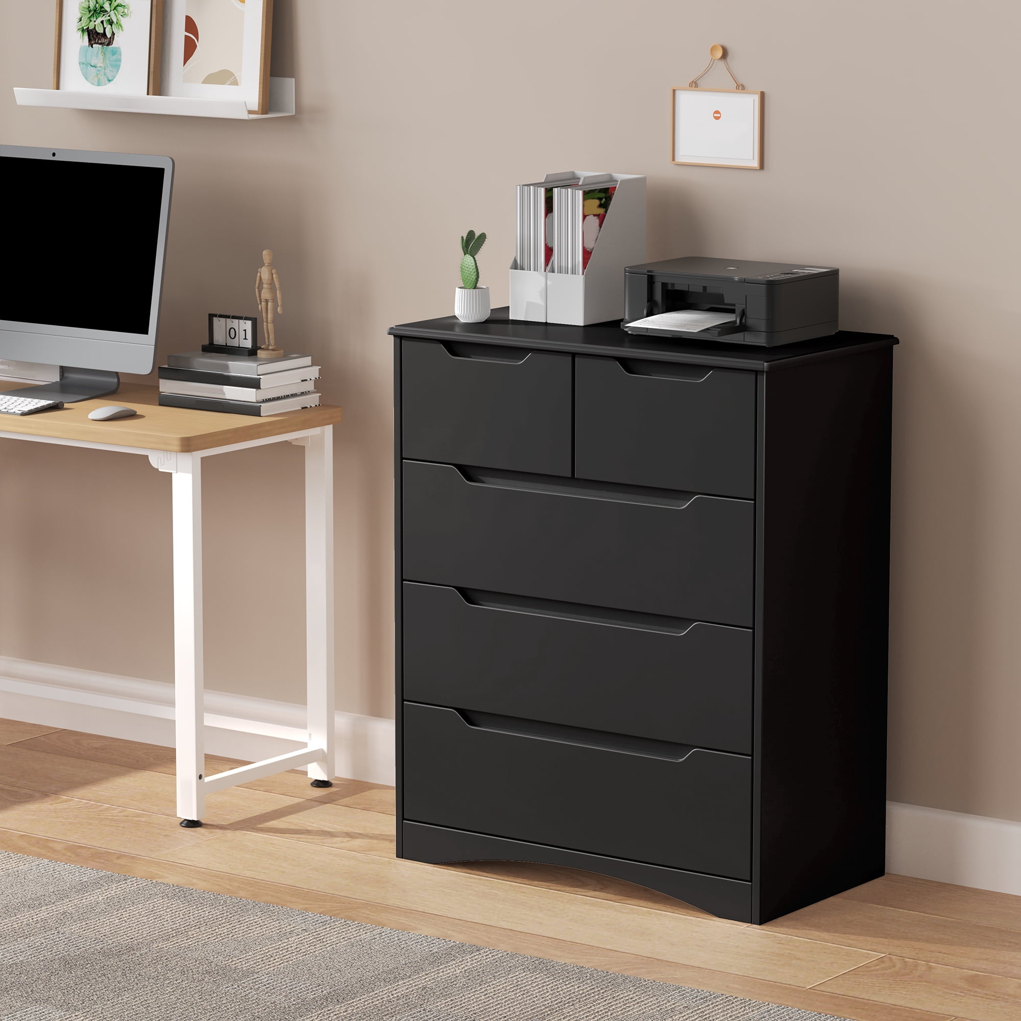 Dresser for Bedroom, Lofka Modern Wood Chest of Drawers with Cutout Handles, Deep Drawers, Smooth Metal Rail, Black