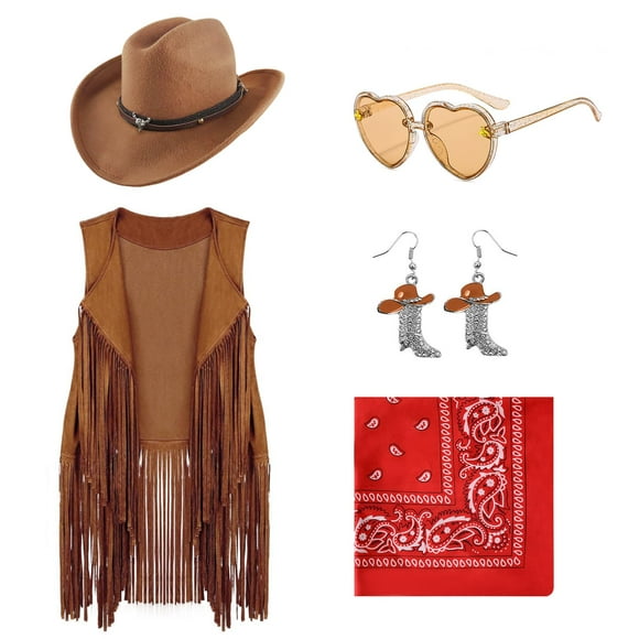 Disfraz de vaquera de Dwieey, 6 unidades, chaleco, sombrero, pendientes y gafas